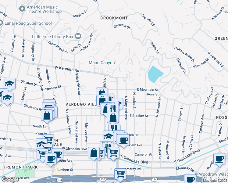map of restaurants, bars, coffee shops, grocery stores, and more near 107 West Mountain Street in Glendale