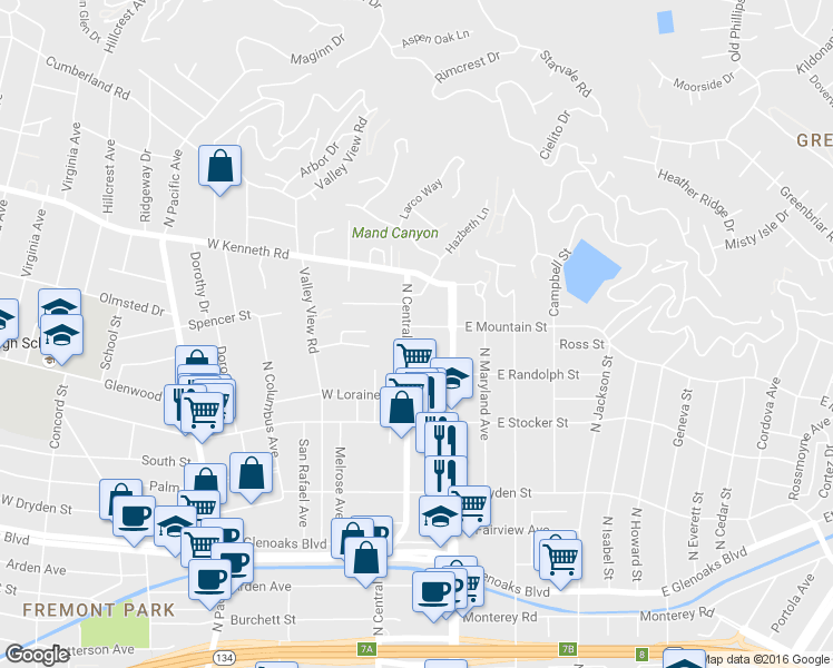 map of restaurants, bars, coffee shops, grocery stores, and more near 1405 North Central Avenue in Glendale