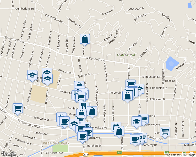 map of restaurants, bars, coffee shops, grocery stores, and more near 326 Spencer Street in Glendale