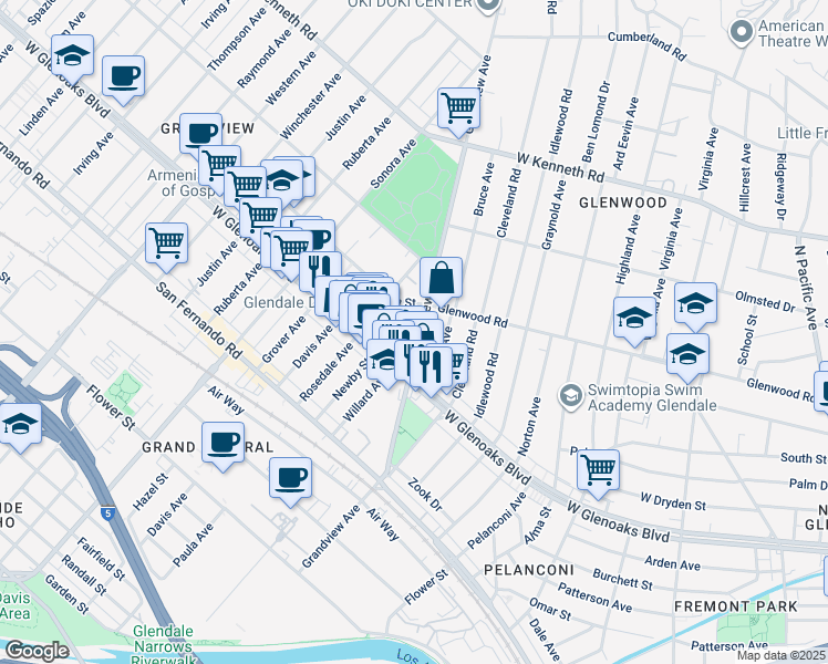 map of restaurants, bars, coffee shops, grocery stores, and more near 1239 Grandview Avenue in Glendale