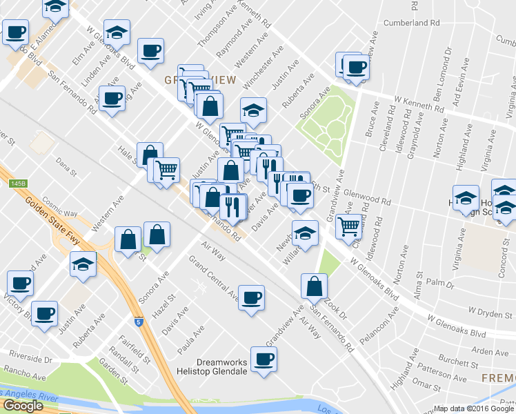 map of restaurants, bars, coffee shops, grocery stores, and more near 1069 Grover Avenue in Glendale