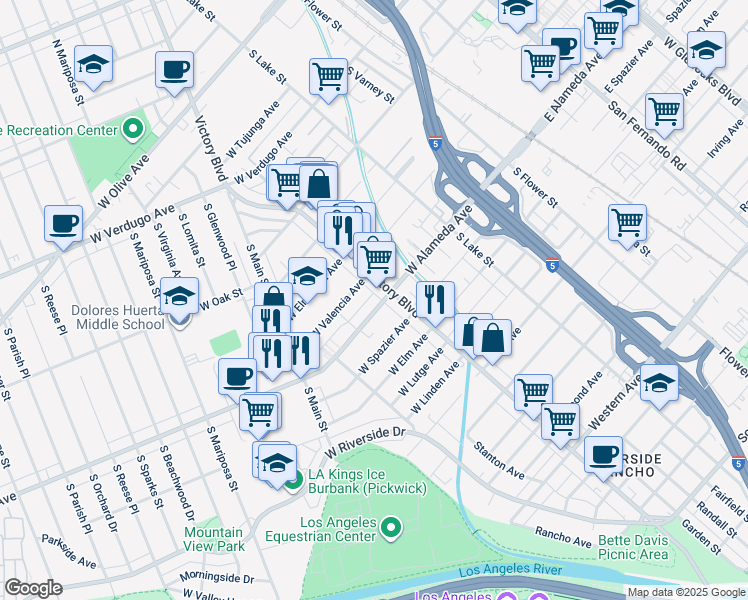 map of restaurants, bars, coffee shops, grocery stores, and more near in Burbank