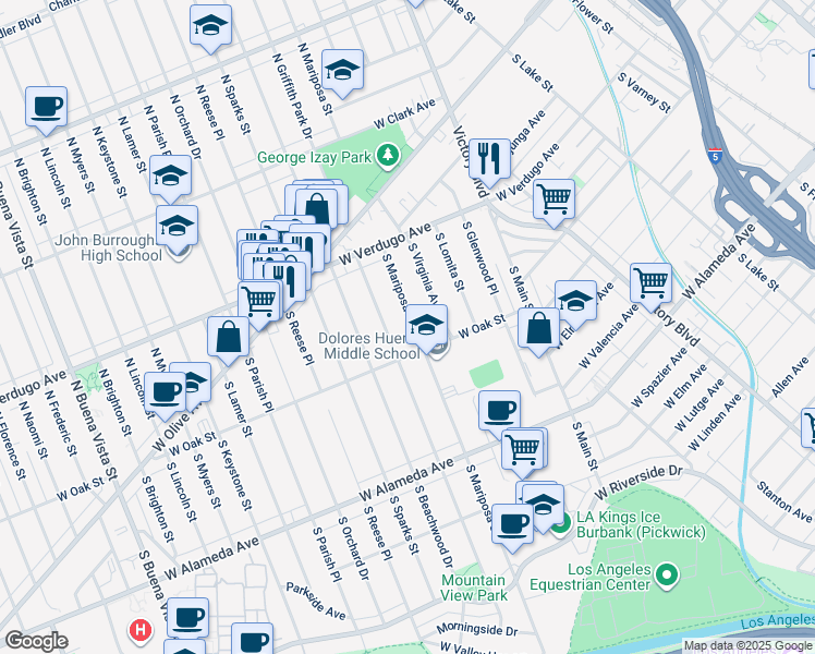map of restaurants, bars, coffee shops, grocery stores, and more near 311 South Mariposa Street in Burbank