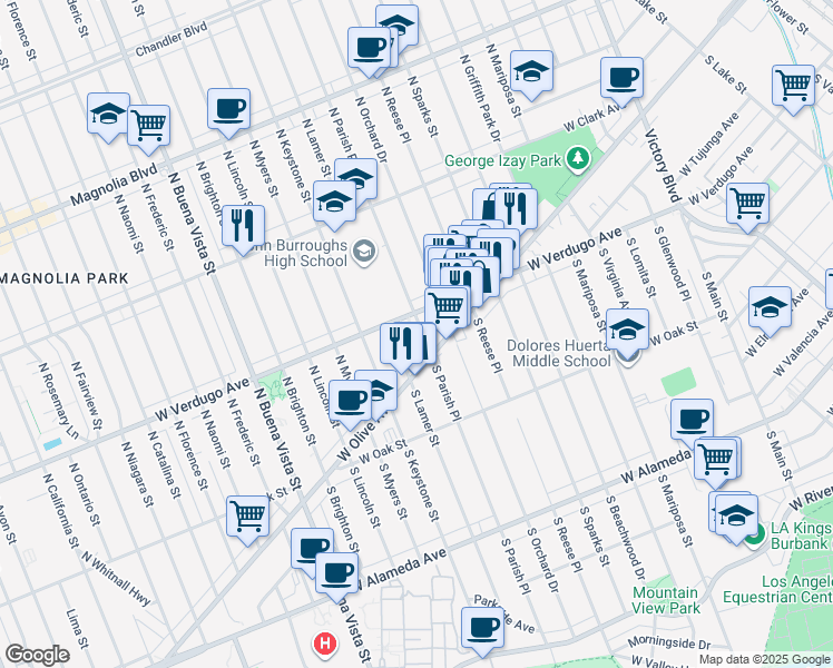 map of restaurants, bars, coffee shops, grocery stores, and more near 1820 West Verdugo Avenue in Burbank