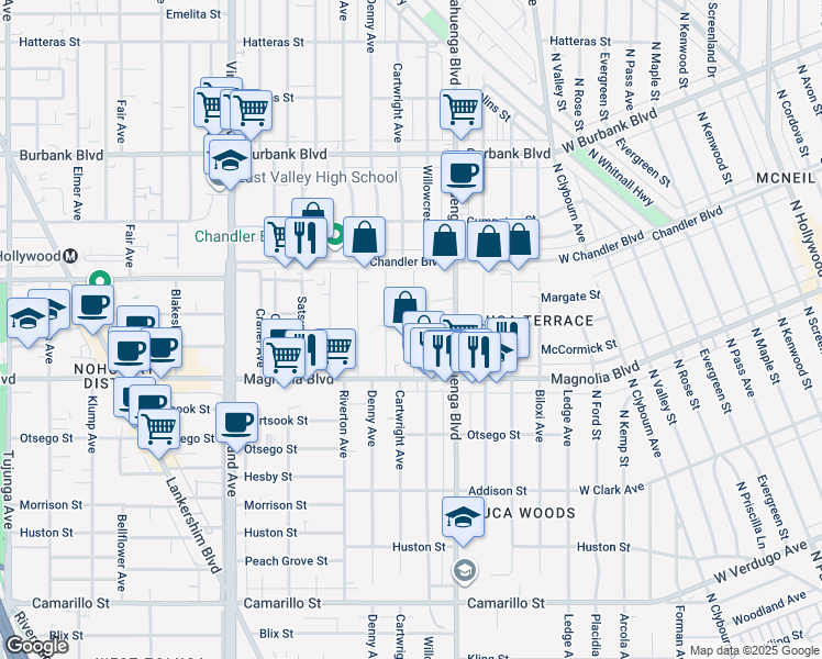 map of restaurants, bars, coffee shops, grocery stores, and more near 5309 Cartwright Avenue in Los Angeles