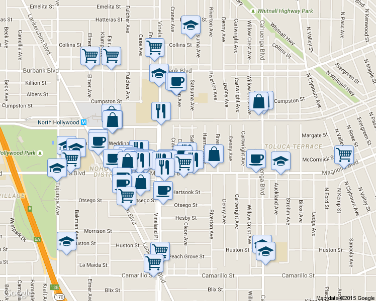 map of restaurants, bars, coffee shops, grocery stores, and more near 10868 Weddington Street in Los Angeles