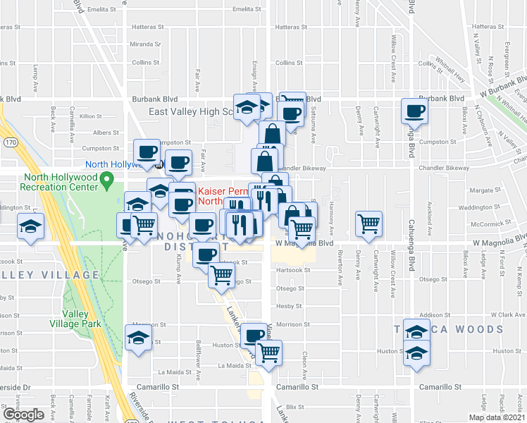 map of restaurants, bars, coffee shops, grocery stores, and more near 11018 Weddington Street in Los Angeles