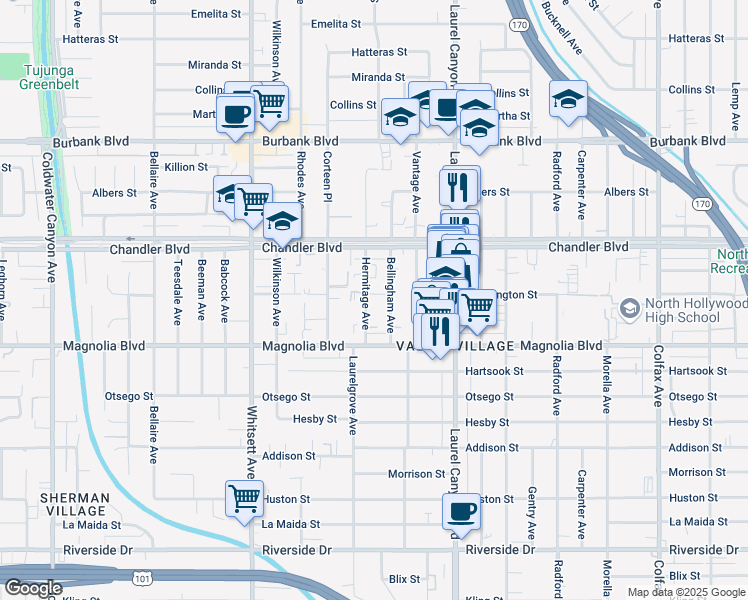 map of restaurants, bars, coffee shops, grocery stores, and more near in Los Angeles