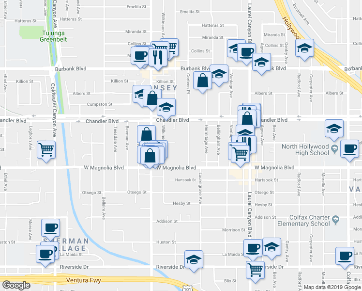 map of restaurants, bars, coffee shops, grocery stores, and more near 5311 Corteen Place in Los Angeles