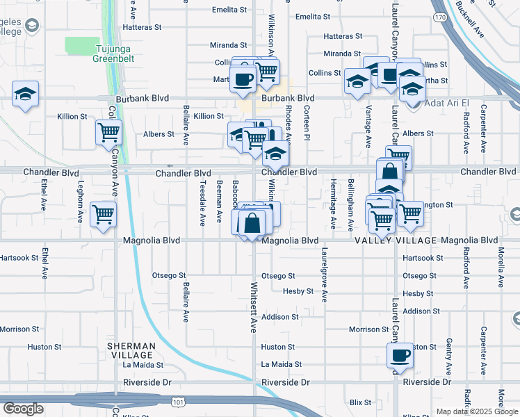 map of restaurants, bars, coffee shops, grocery stores, and more near 5309 Whitsett Avenue in Los Angeles