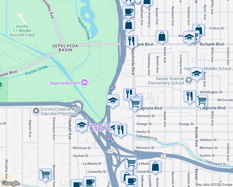 map of restaurants, bars, coffee shops, grocery stores, and more near 15353 Weddington Street in Los Angeles