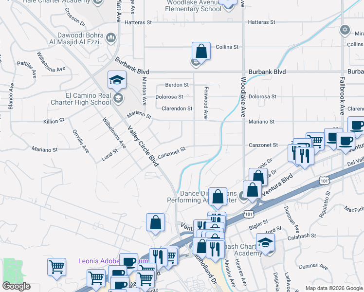 map of restaurants, bars, coffee shops, grocery stores, and more near 23444 Ladrillo Street in Los Angeles