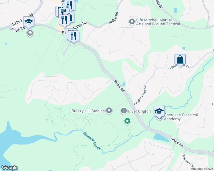 map of restaurants, bars, coffee shops, grocery stores, and more near 1005 Blankets Creek Drive in Canton