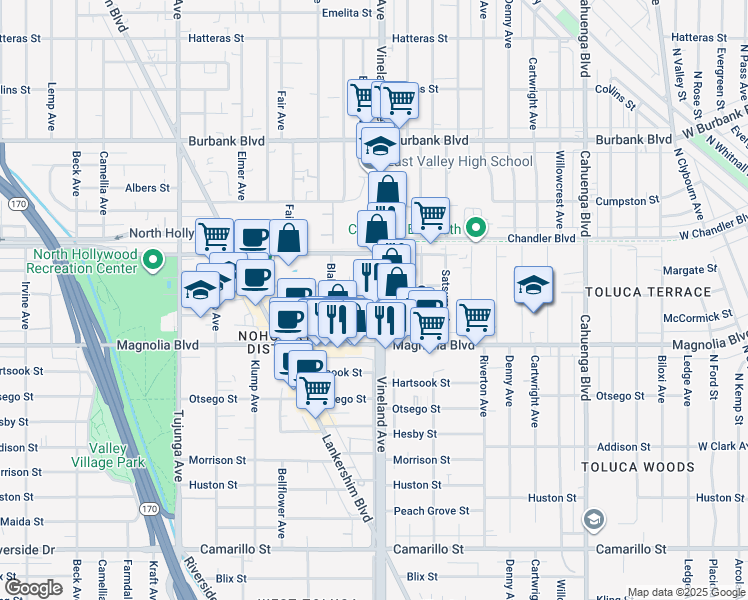 map of restaurants, bars, coffee shops, grocery stores, and more near 5251 Vineland Avenue in Los Angeles
