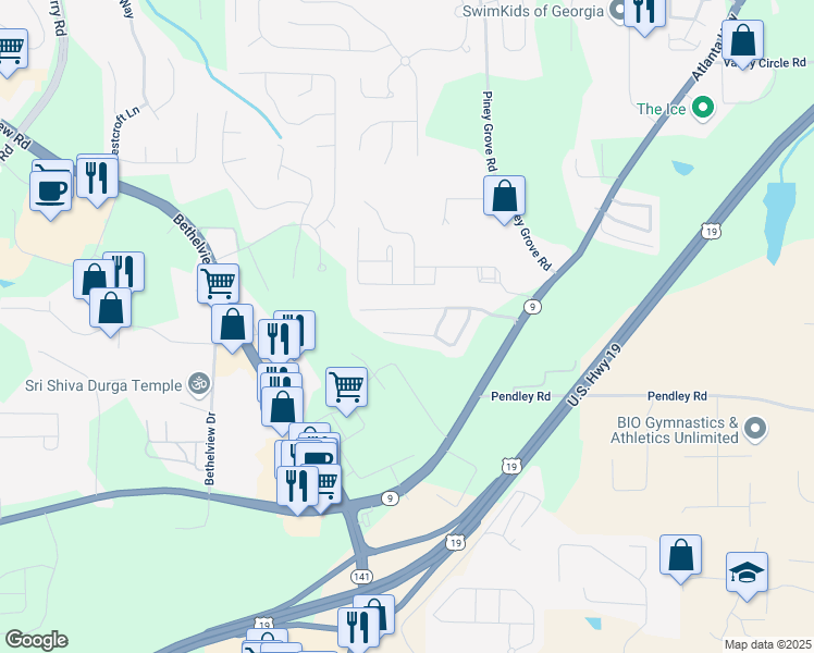 map of restaurants, bars, coffee shops, grocery stores, and more near 2380 Keenland Court in Cumming