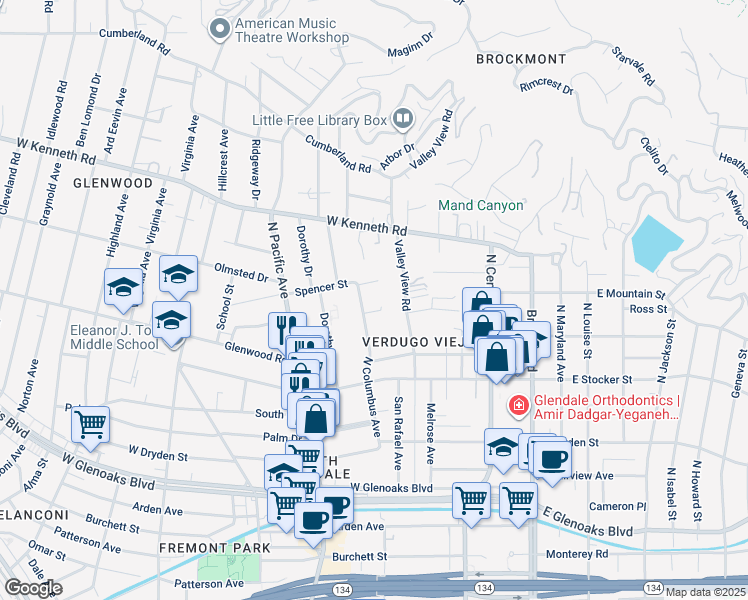 map of restaurants, bars, coffee shops, grocery stores, and more near 1346 North Columbus Avenue in Glendale