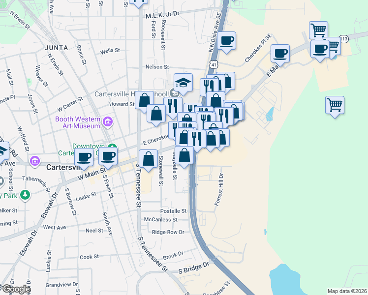 map of restaurants, bars, coffee shops, grocery stores, and more near 327 East Main Street in Cartersville
