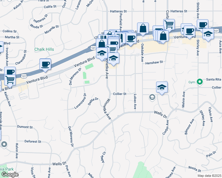map of restaurants, bars, coffee shops, grocery stores, and more near 5336 Winnetka Avenue in Los Angeles