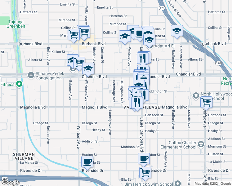map of restaurants, bars, coffee shops, grocery stores, and more near 5258 Hermitage Avenue in Los Angeles