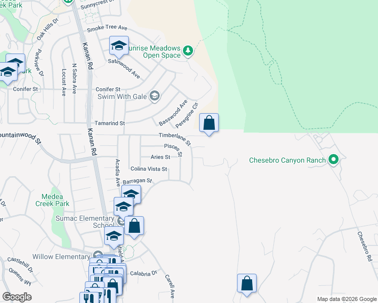 map of restaurants, bars, coffee shops, grocery stores, and more near 6321 Timberlane Street in Agoura Hills