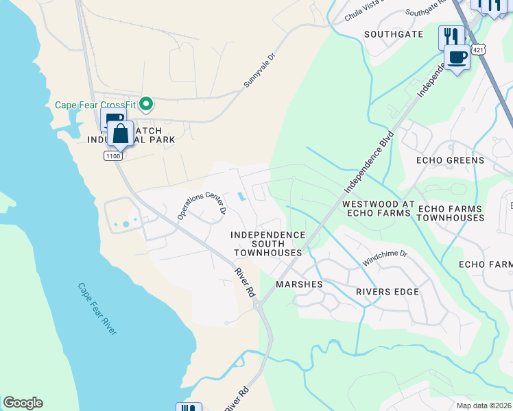 map of restaurants, bars, coffee shops, grocery stores, and more near Coleman Drvie in Wilmington