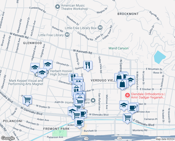 map of restaurants, bars, coffee shops, grocery stores, and more near 1349 North Columbus Avenue in Glendale