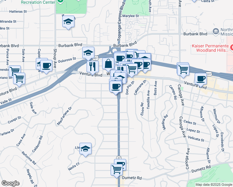 map of restaurants, bars, coffee shops, grocery stores, and more near 22015 Del Valle Street in Los Angeles