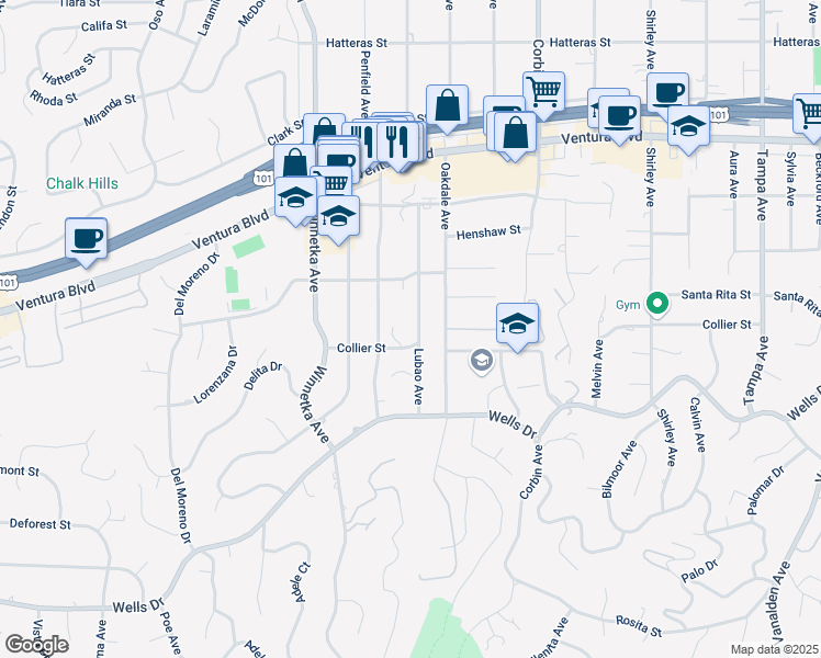 map of restaurants, bars, coffee shops, grocery stores, and more near 5317 Lubao Avenue in Los Angeles