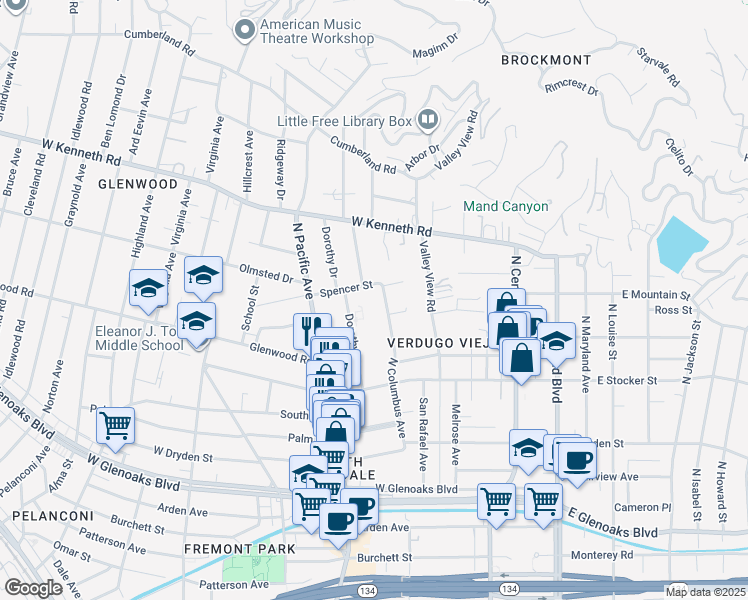 map of restaurants, bars, coffee shops, grocery stores, and more near 1349 North Columbus Avenue in Glendale