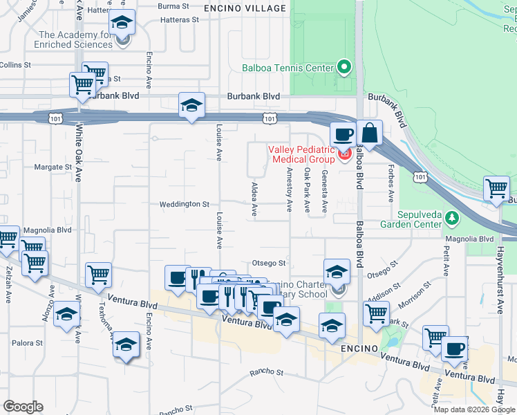 map of restaurants, bars, coffee shops, grocery stores, and more near 17150 Weddington Street in Los Angeles