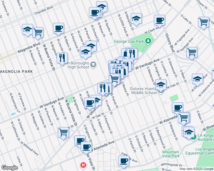 map of restaurants, bars, coffee shops, grocery stores, and more near 1820 West Verdugo Avenue in Burbank