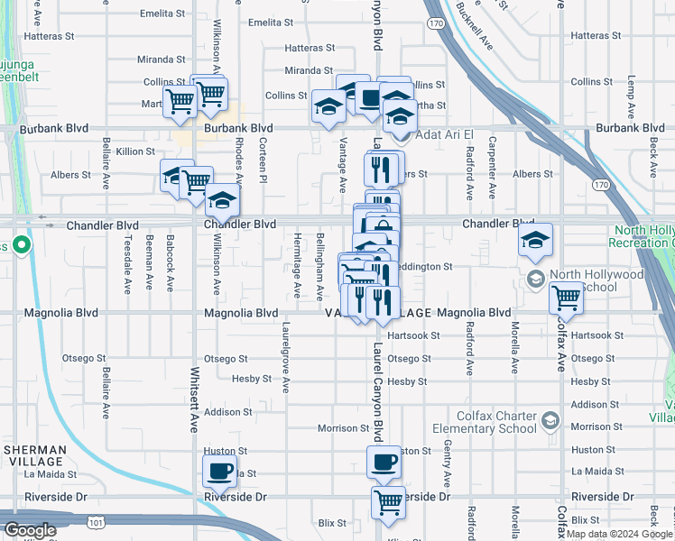 map of restaurants, bars, coffee shops, grocery stores, and more near 5259 Vantage Avenue in Los Angeles