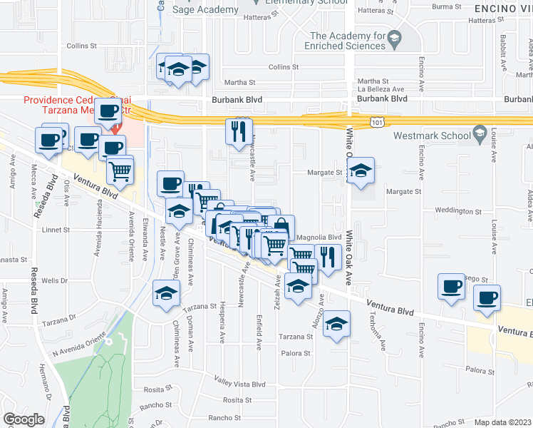 map of restaurants, bars, coffee shops, grocery stores, and more near 5292 Newcastle Avenue in Encino
