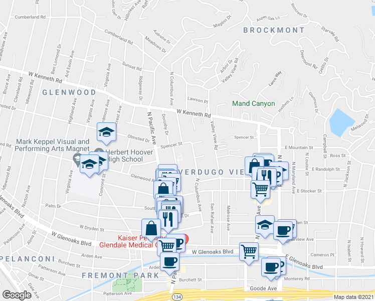 map of restaurants, bars, coffee shops, grocery stores, and more near 1349 North Columbus Avenue in Glendale