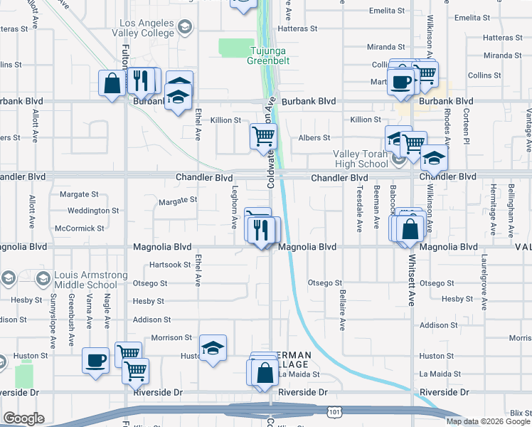 map of restaurants, bars, coffee shops, grocery stores, and more near 5255 Coldwater Canyon Avenue in Los Angeles