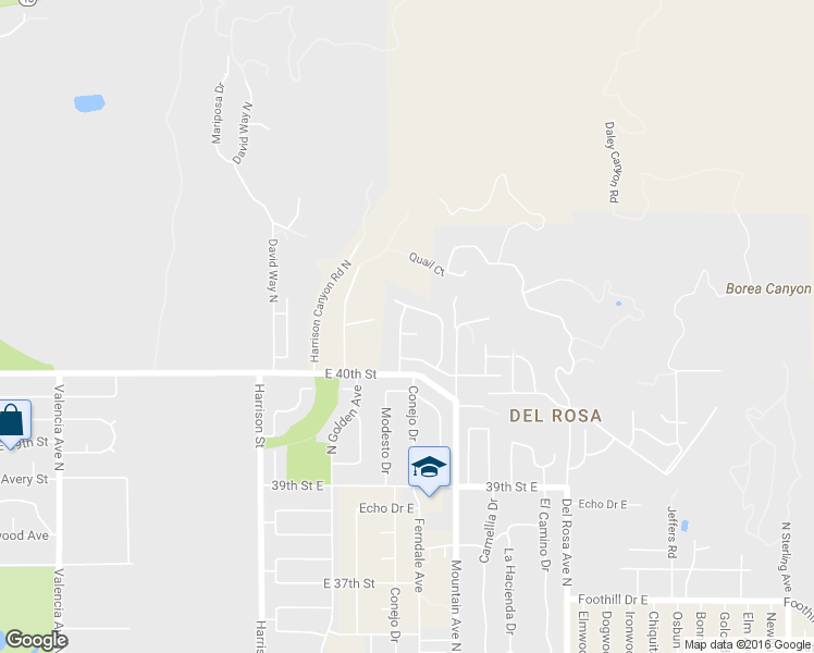 map of restaurants, bars, coffee shops, grocery stores, and more near 1304 Deauville Court in San Bernardino