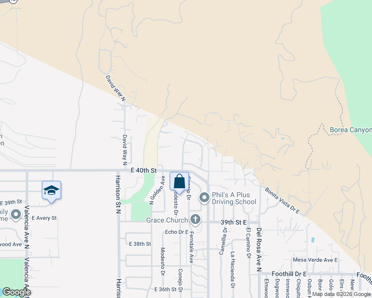 map of restaurants, bars, coffee shops, grocery stores, and more near 1304 Deauville Court in San Bernardino