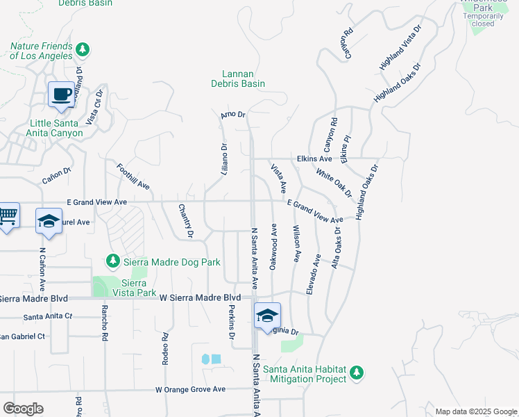 map of restaurants, bars, coffee shops, grocery stores, and more near 1145 East Grand View Avenue in Sierra Madre