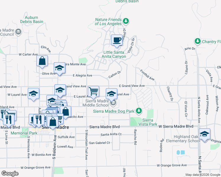 map of restaurants, bars, coffee shops, grocery stores, and more near 370 East Grand View Avenue in Sierra Madre