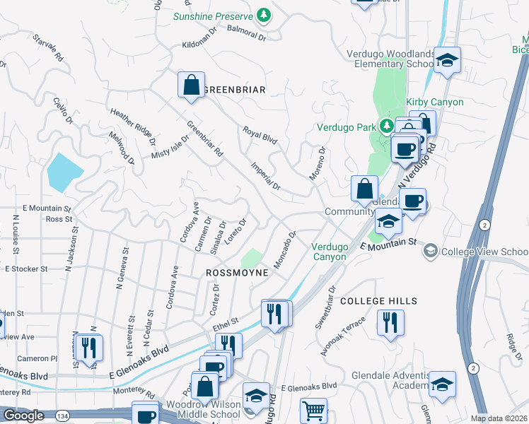 map of restaurants, bars, coffee shops, grocery stores, and more near 1334 Greenbriar Road in Glendale
