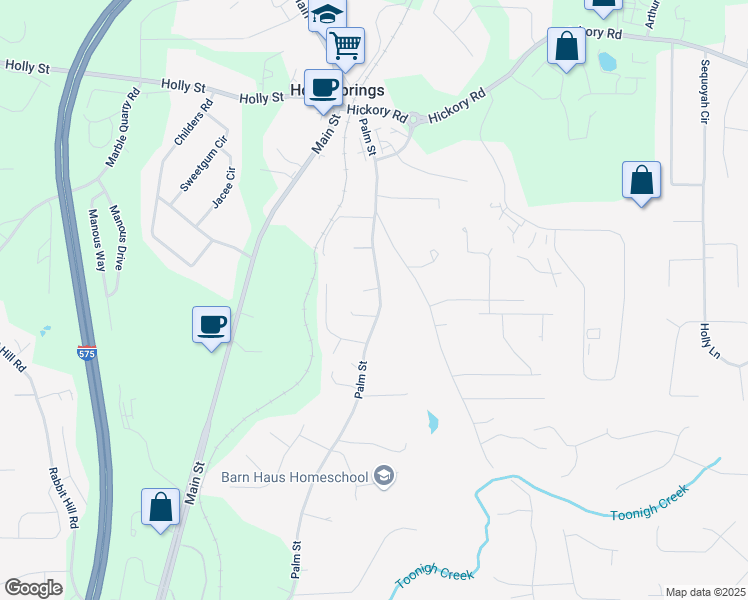 map of restaurants, bars, coffee shops, grocery stores, and more near 554 Palm Street in Holly Springs