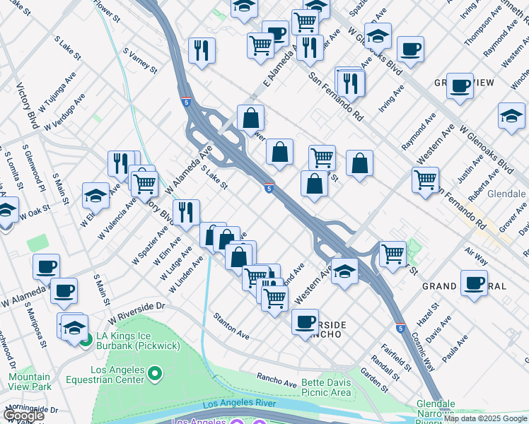 map of restaurants, bars, coffee shops, grocery stores, and more near in Burbank