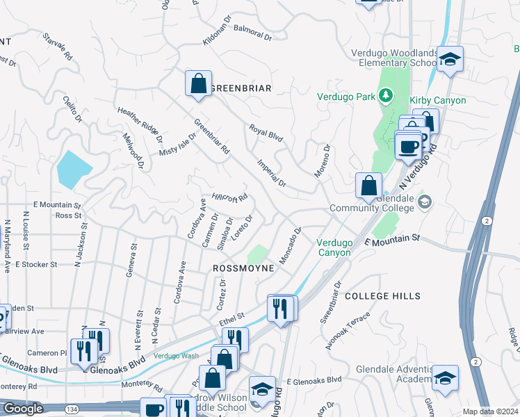 map of restaurants, bars, coffee shops, grocery stores, and more near 1105 Hillcroft Road in Glendale
