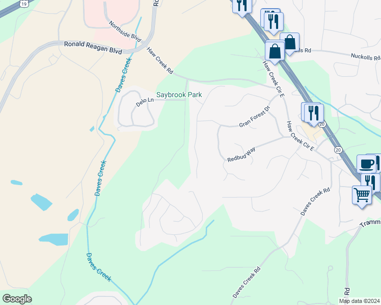 map of restaurants, bars, coffee shops, grocery stores, and more near 1515 Loblolly Lane in Cumming