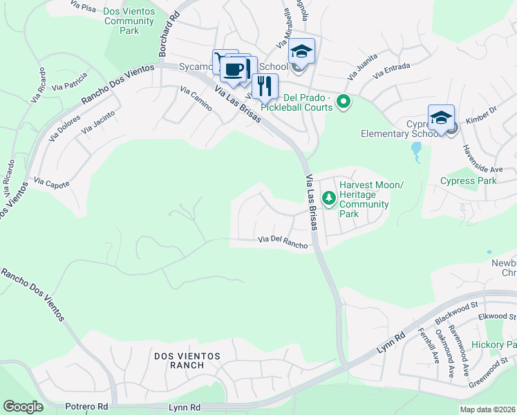 map of restaurants, bars, coffee shops, grocery stores, and more near 633 Via Linda in Thousand Oaks