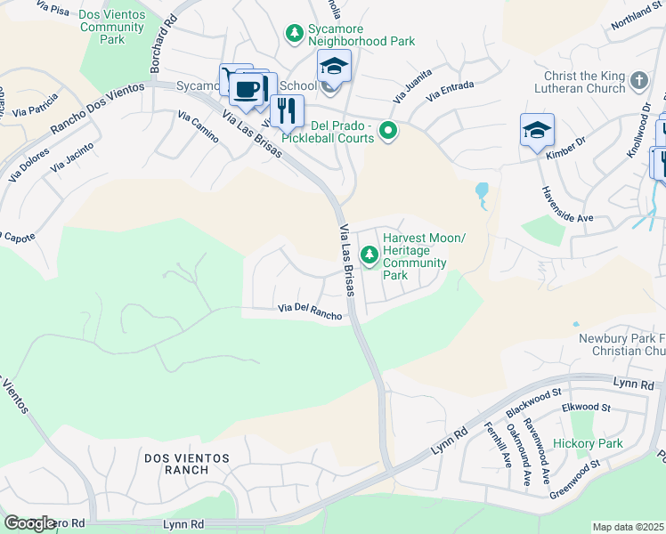 map of restaurants, bars, coffee shops, grocery stores, and more near 4573 Via Grande in Thousand Oaks