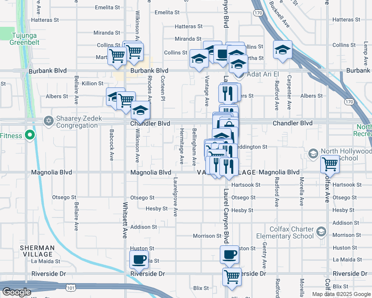 map of restaurants, bars, coffee shops, grocery stores, and more near 5258 Hermitage Avenue in Los Angeles