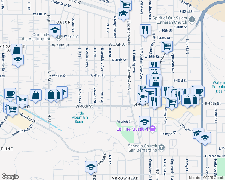 map of restaurants, bars, coffee shops, grocery stores, and more near 4039 Newmark Avenue in San Bernardino