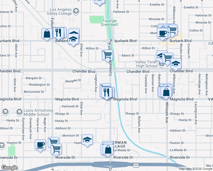 map of restaurants, bars, coffee shops, grocery stores, and more near 5311 Coldwater Canyon Avenue in Los Angeles