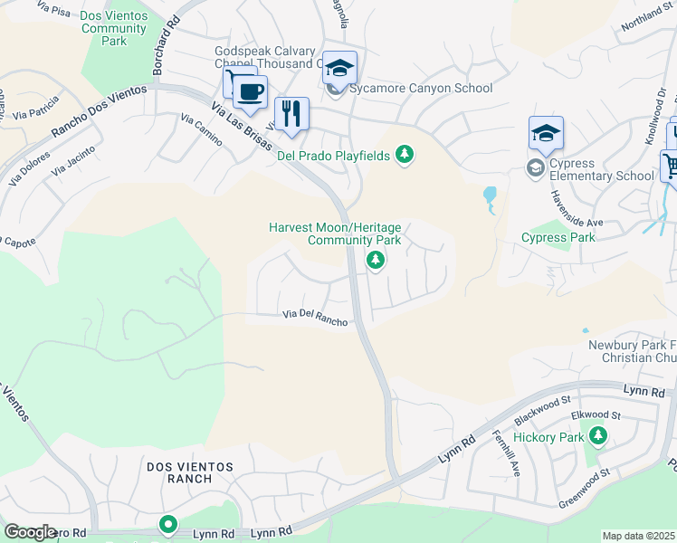 map of restaurants, bars, coffee shops, grocery stores, and more near 4573 Via Grande in Thousand Oaks